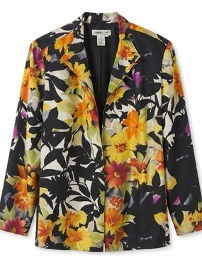 Coldwater Creek Black Floral Open-Front Blazer with Yellow & Orange Blooms